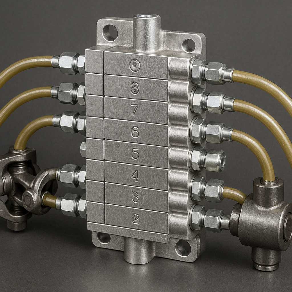 Distribuidor progresivo metálico en un sistema automático de lubricación para camiones